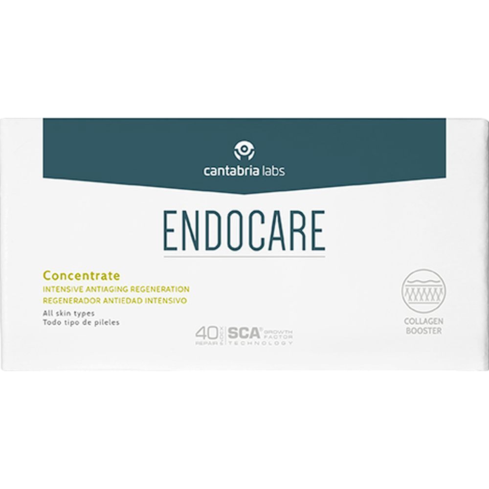 Weiße Schachtel mit Produktaufdruck Endocare. Text: Concentrate, Intensive Anti-Aging Regeneration. 40 SCA.