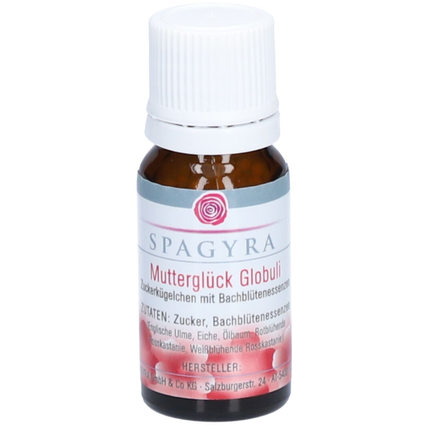 Braune Glasflasche mit weißem Deckel. Etikett mit Produktname und Marke SPAGYRA. Rote Blütenabbildung.