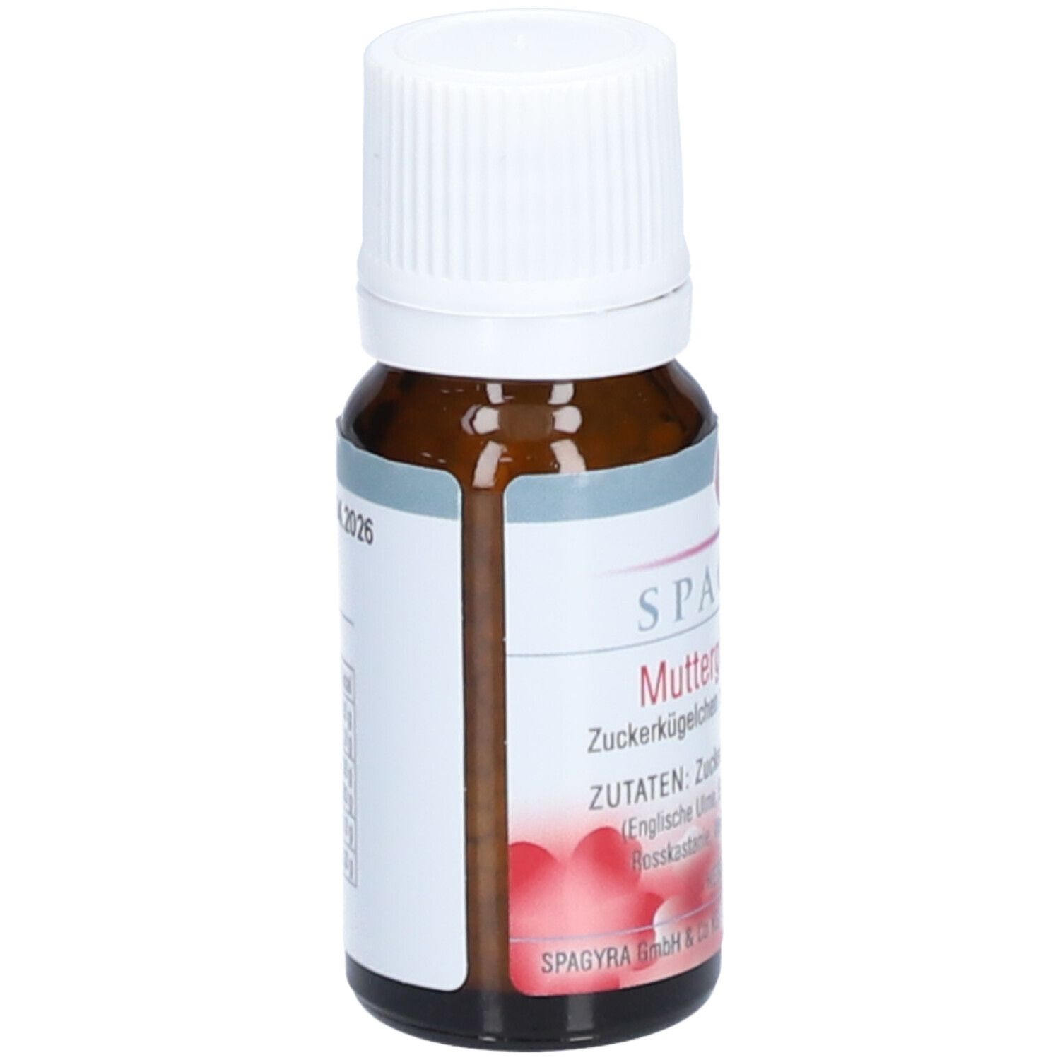 Braune Glasflasche mit weißem Deckel. Etikett mit Produktname und Marke SPAGYRA. Zutatenliste und Haltbarkeitsdatum.