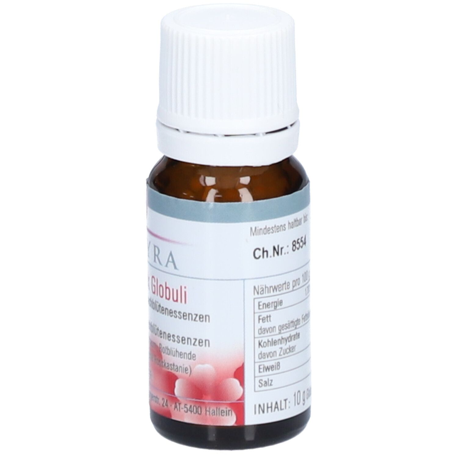 Braune Glasflasche mit weißem Deckel. Etikett mit Produktname, Marke SPAGYRA und Zutatenliste. Inhalt: 10 g Globuli.