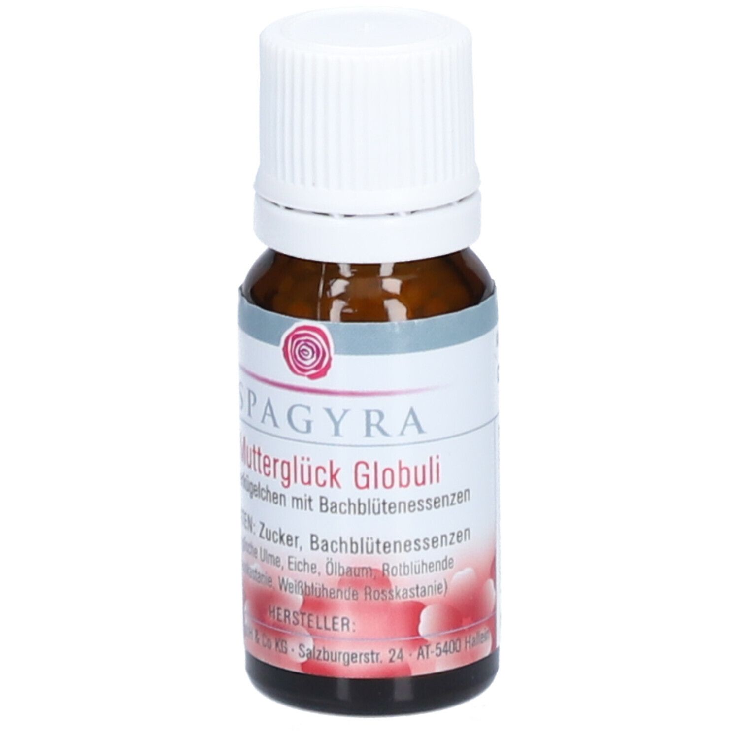 Braune Glasflasche mit weißem Deckel. Etikett mit Produktname, Marke SPAGYRA und Zutatenliste. Rote Blütenabbildung.