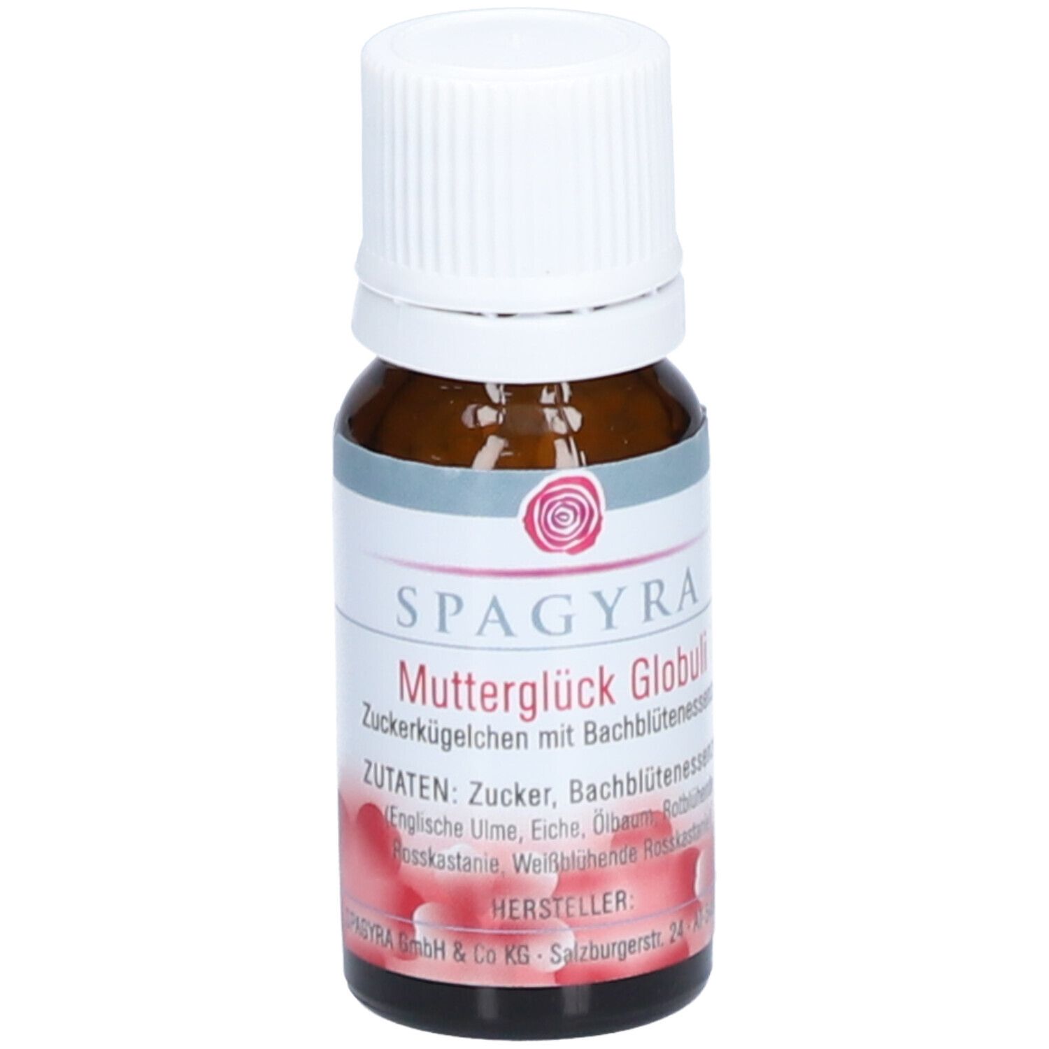 Braune Glasflasche mit weißem Deckel. Etikett mit Produktname, Marke SPAGYRA und Zutatenliste. Rote Blütenabbildung.