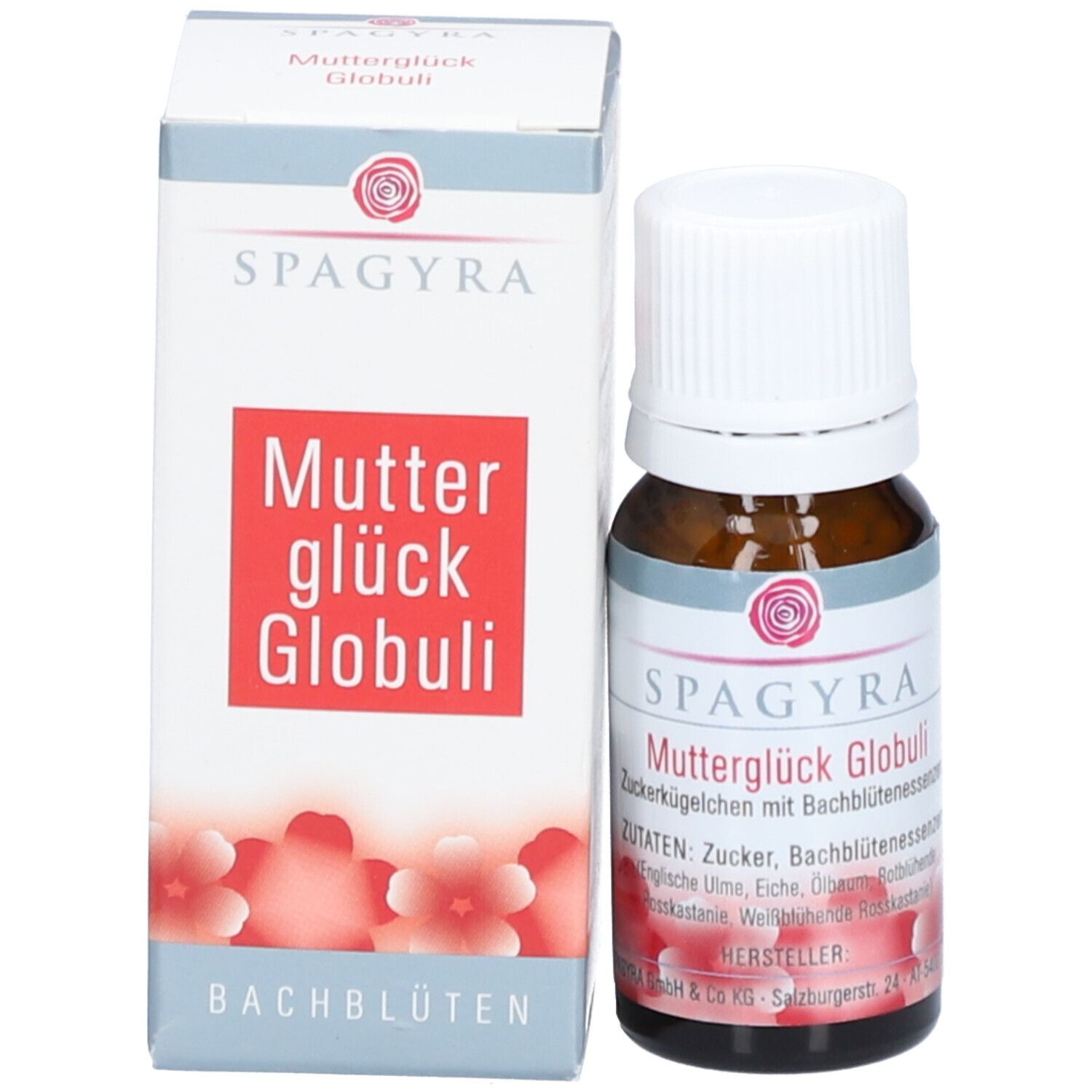 Produktflasche und Schachtel. Schachtel mit Produktname, Marke SPAGYRA und Bachblüten-Hinweis. Rote Blütenabbildung.