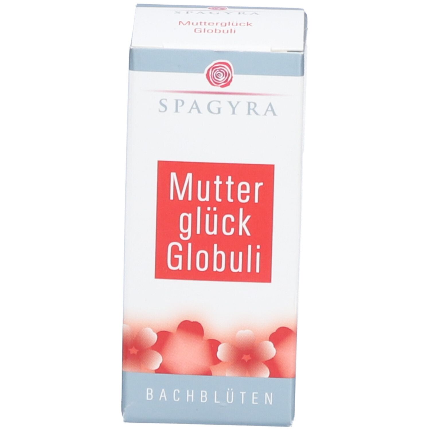 Produktverpackung. Schachtel mit Produktname, Marke SPAGYRA und Bachblüten-Hinweis. Rote Blütenabbildung.