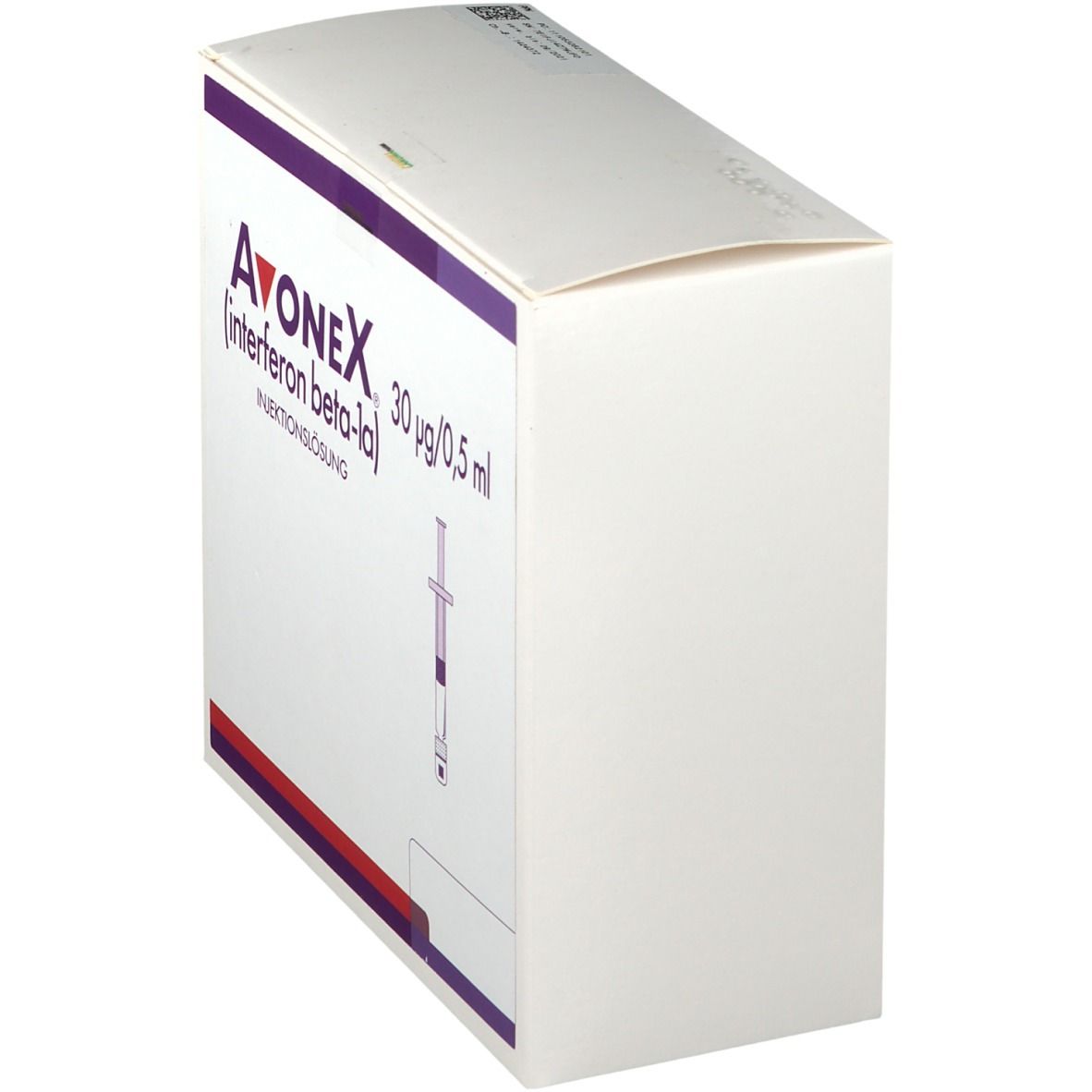 Weißer Karton, schräg von der Seite gesehen. Aufschrift: Avonex 30 µg/0,5 ml. Lila Akzente.