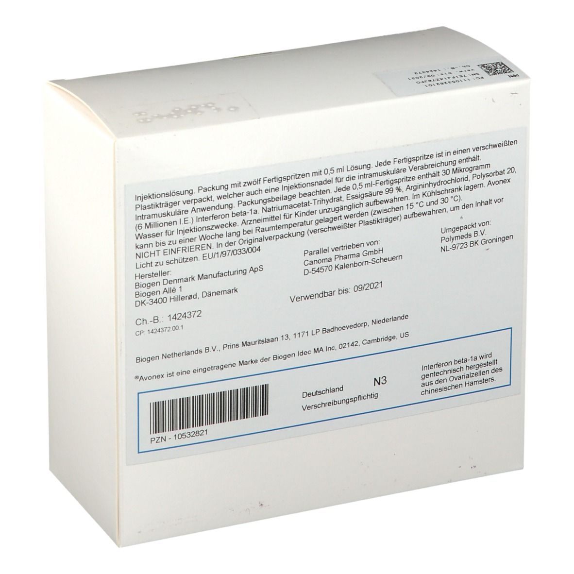 Rückseite eines weißen Kartons. Textinformationen und Barcode. Aufschrift: Avonex. Herstellerinformationen.