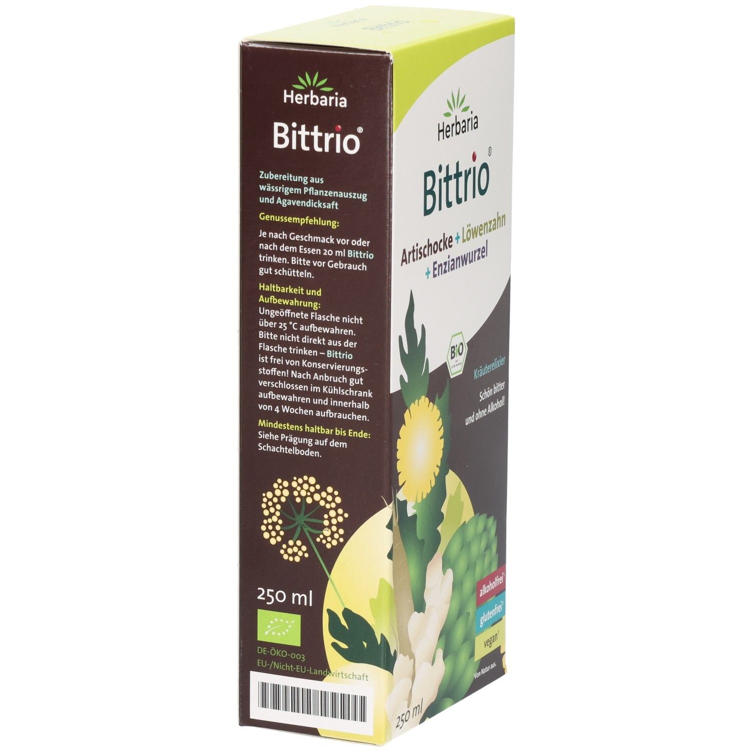 Produktverpackung. Aufschrift: Herbaria Bittrio, Artischocke + Löwenzahn + Enzianwurzel. Bio-Siegel. 250 ml. Seitenansicht.