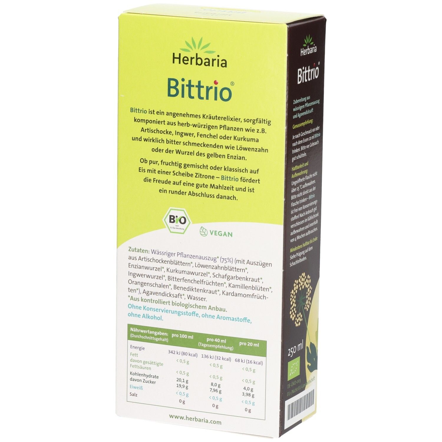 Seitenansicht der Herbaria Bittrio Kräuterelixier Verpackung mit Zutatenliste und Nährwertangaben.