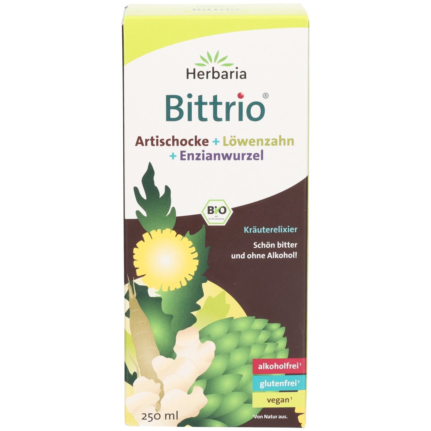 Karton mit Produktaufdruck. Aufschrift: Herbaria Bittrio, Artischocke + Löwenzahn + Enzianwurzel. Bio-Siegel. 250 ml.
