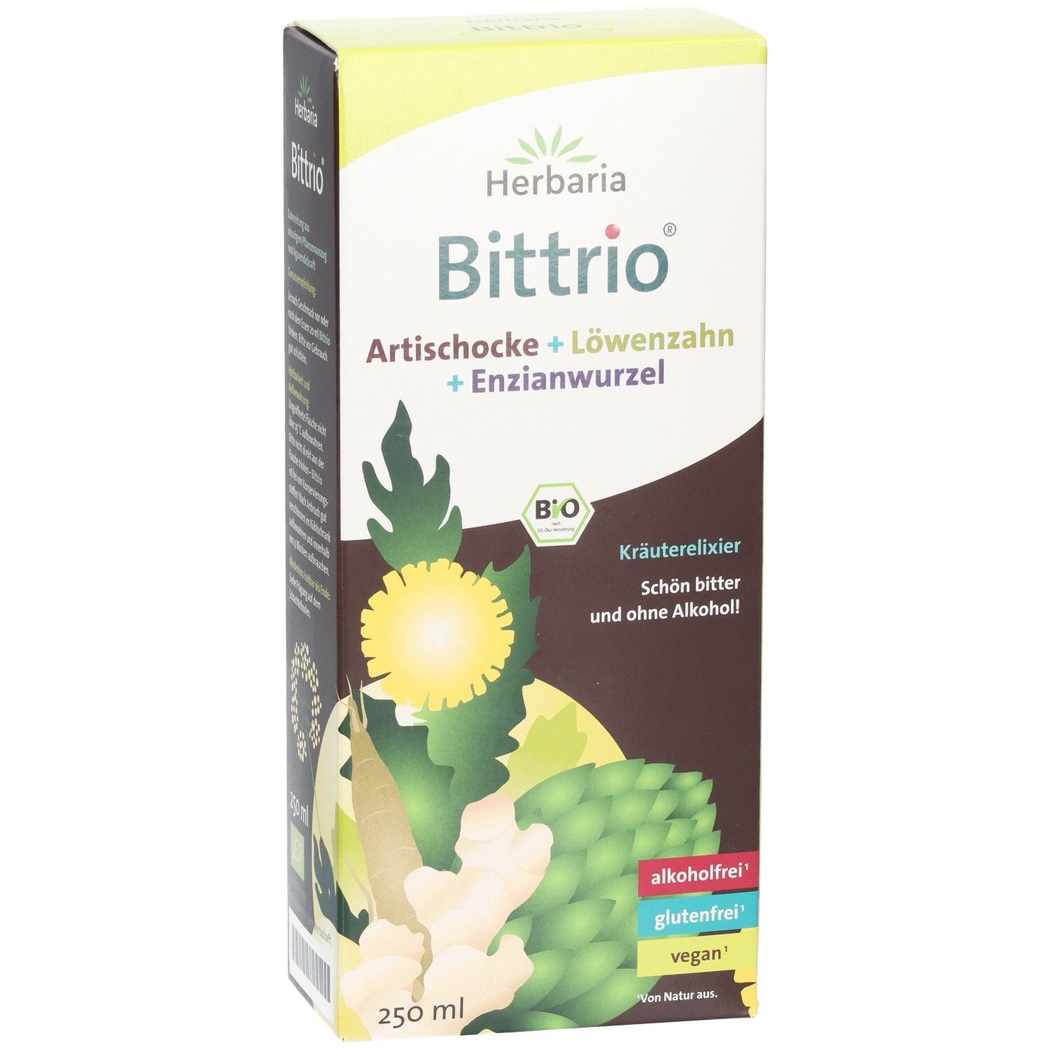 Karton mit Produktaufdruck. Aufschrift: Herbaria Bittrio, Artischocke + Löwenzahn + Enzianwurzel. Bio-Siegel. 250 ml.