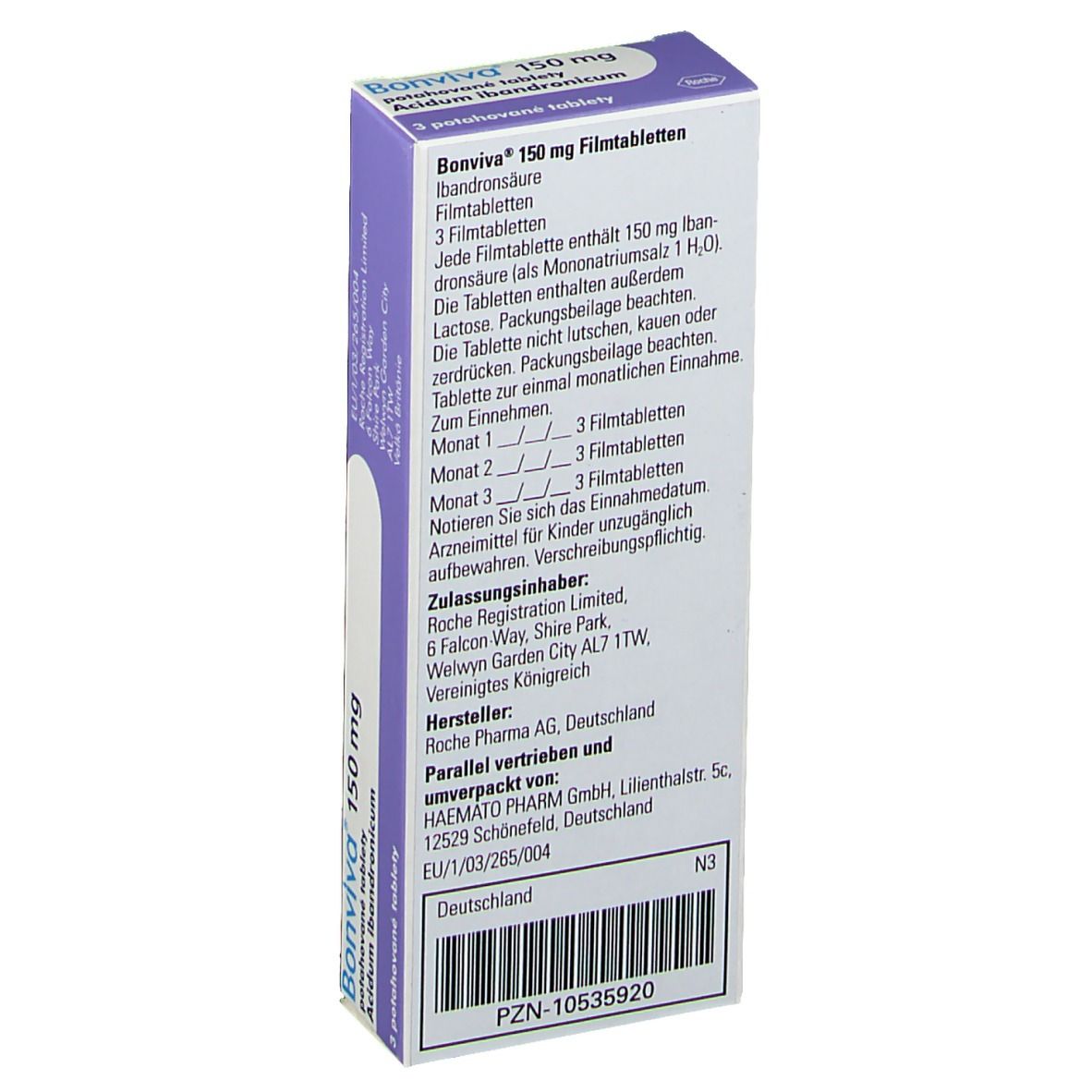 Rückseite der Bonviva 150 mg Packung. Textinformationen, Herstellerangaben, Chargennummer und PZN.