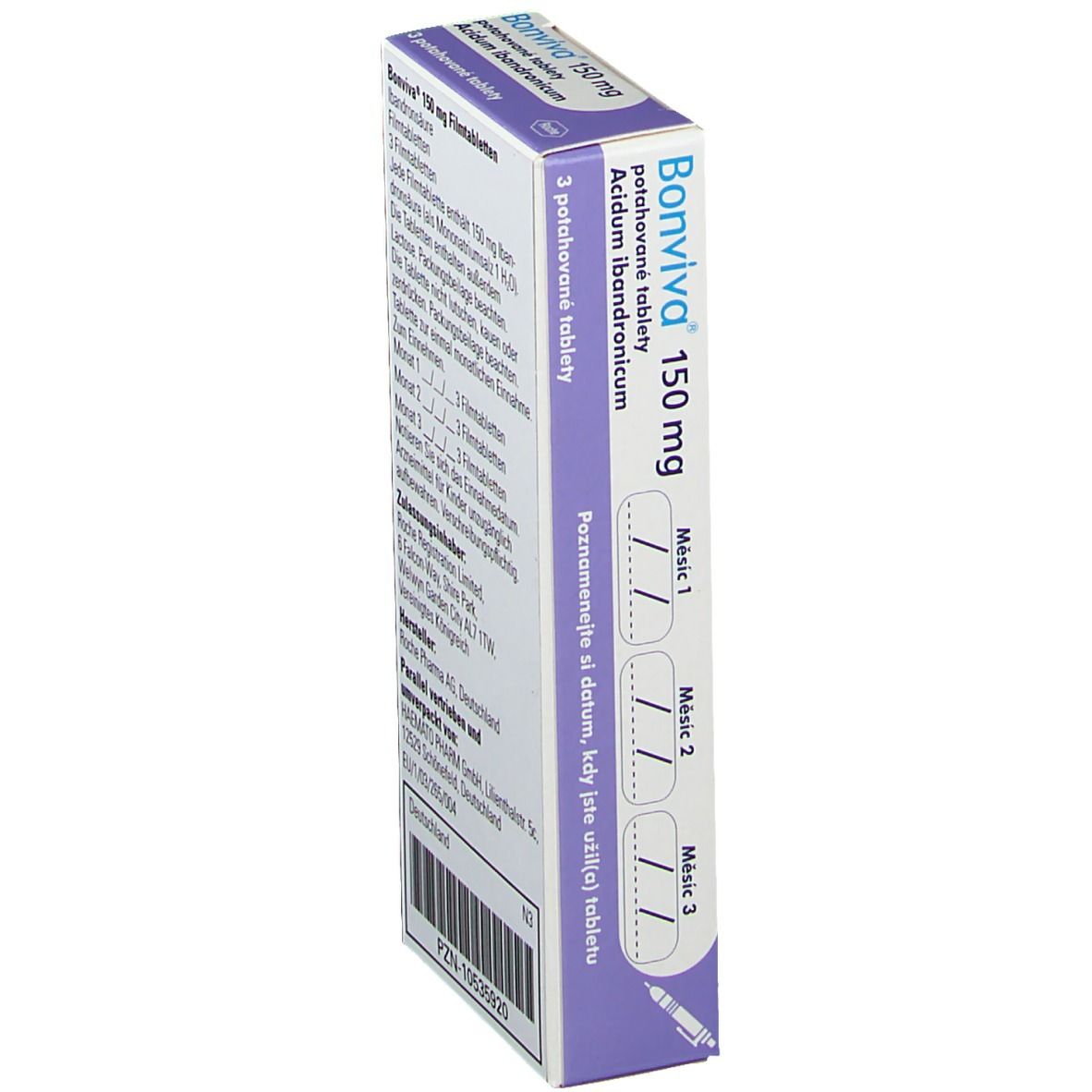 Bonviva 150 mg Packung, schräg. Rückseite mit Text und Einnahme-Notizen. Roche-Logo.
