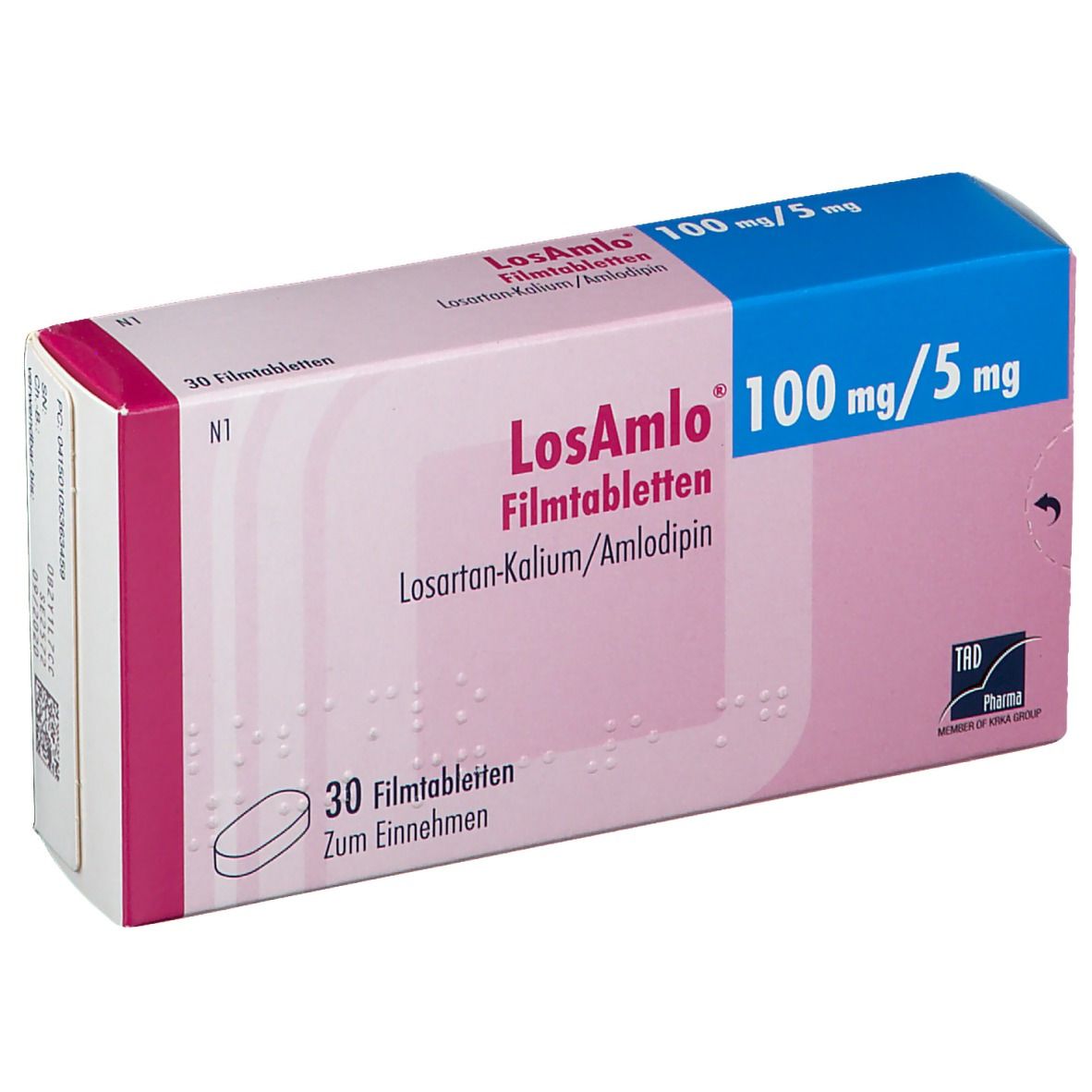 LosAmlo 100 mg/5 mg Filmtabletten-Packung. Rosa-weiß-blaue Schachtel mit Produktnamen und Dosierung. 30 Tabletten.