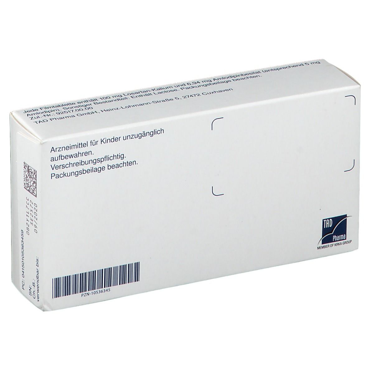 Rückseite der LosAmlo-Packung. Weiß mit Text und Barcode. Herstellerinformationen und Warnhinweise.
