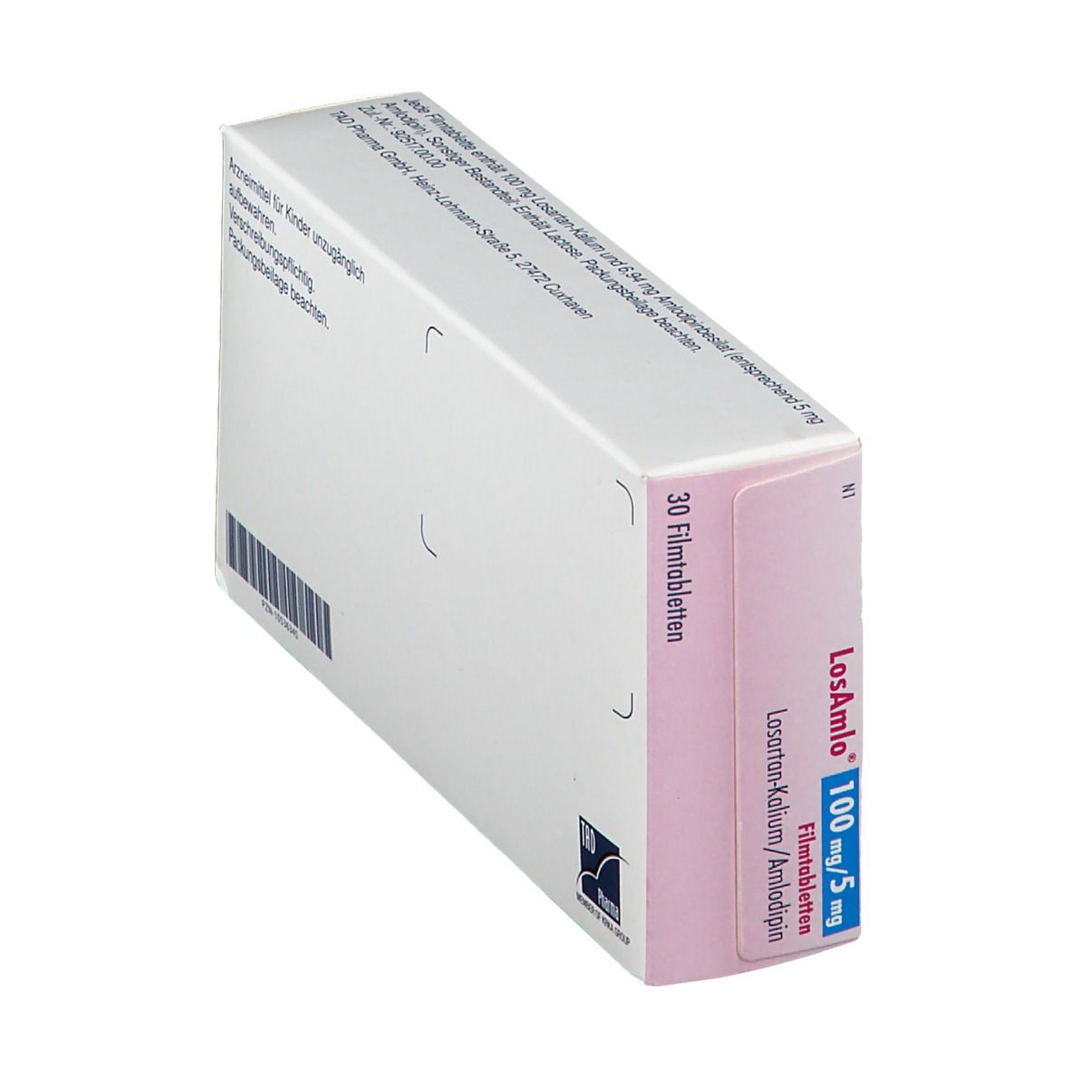 LosAmlo 100 mg/5 mg Filmtabletten-Packung. Schachtel in schräger Ansicht. Rosa, weiß und blau. Produktname und Dosierung sichtbar.