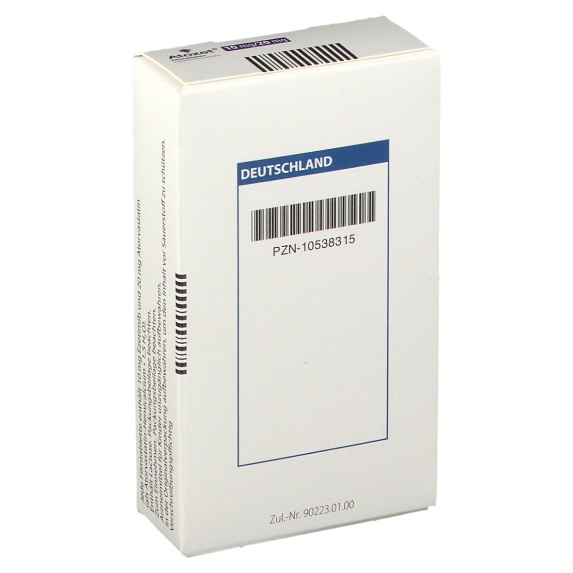 Weiße Arzneimittelverpackung mit Barcode und Aufschrift: Deutschland. PZN-10538315.