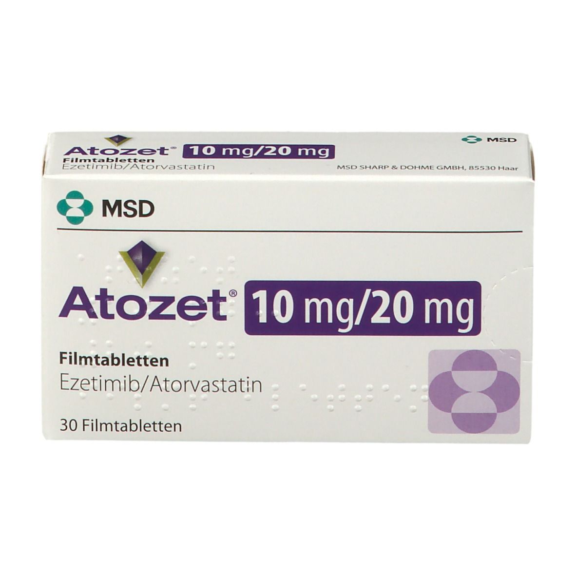 Weiße Arzneimittelverpackung mit lila Akzenten. Aufschrift: Atozet 10 mg/20 mg, 30 Filmtabletten. MSD-Logo.