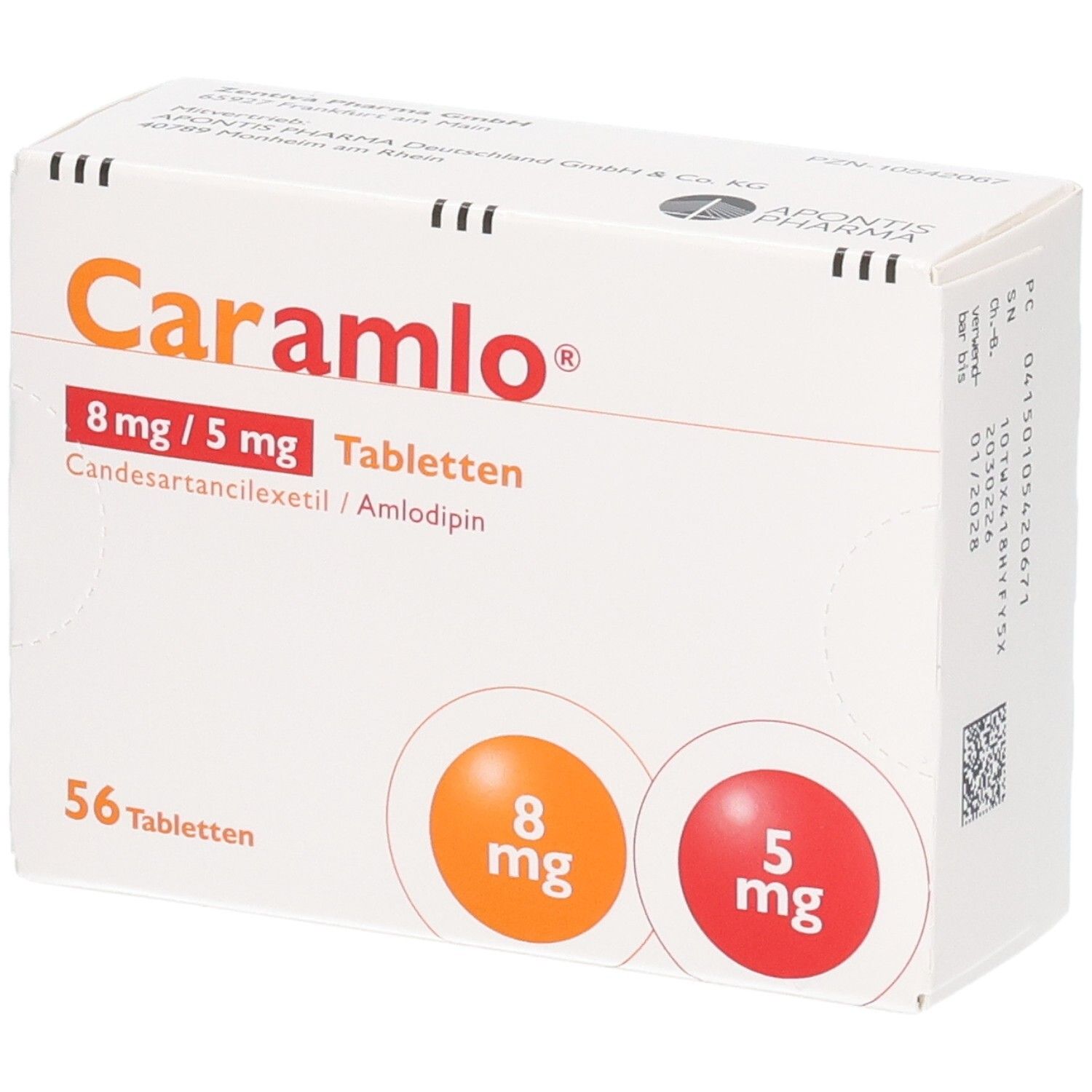 Packung CARAMLO 8 mg/5 mg Tabletten, 56 Tabletten. Enthält Candesartancilexetil/Amlodipin.