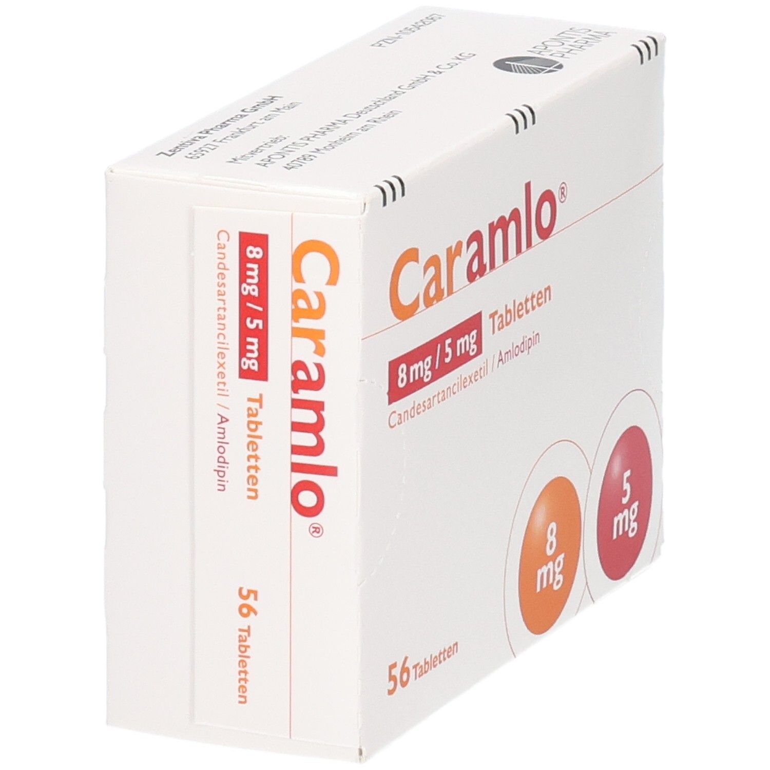 Packung CARAMLO 8 mg/5 mg Tabletten, 56 Tabletten. Enthält Candesartancilexetil/Amlodipin.