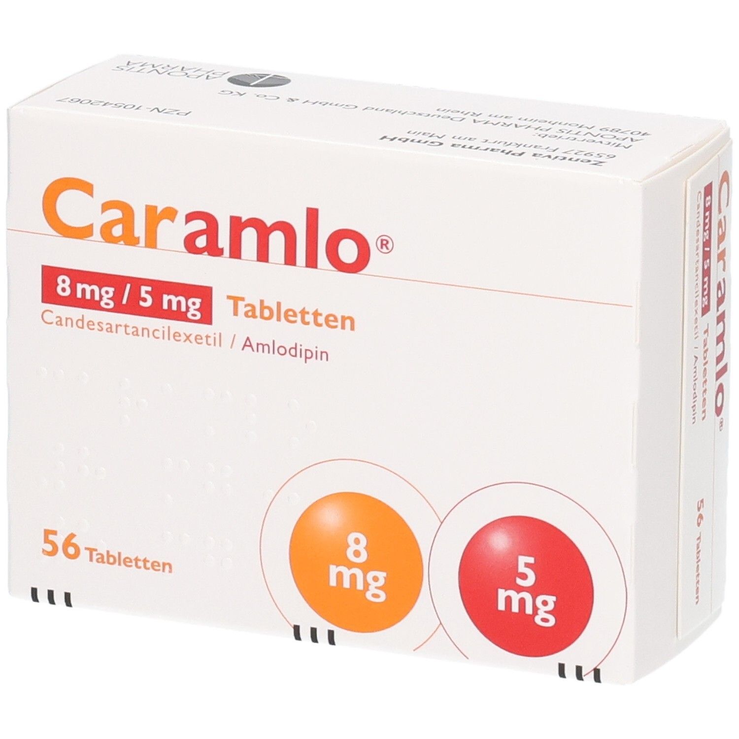 Packung CARAMLO 8 mg/5 mg Tabletten, 56 Tabletten. Enthält Candesartancilexetil/Amlodipin.