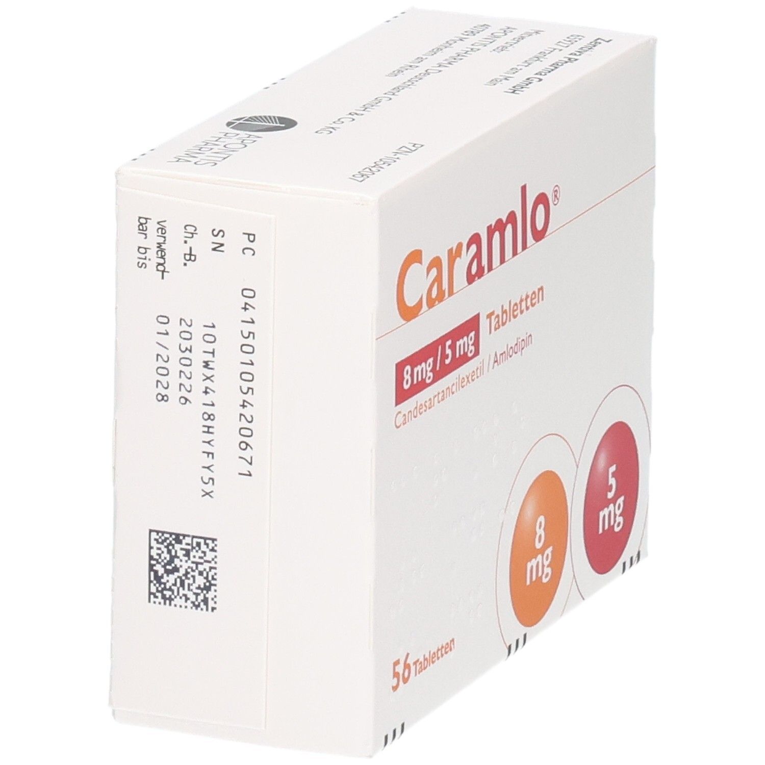 Packung CARAMLO 8 mg/5 mg Tabletten, 56 Tabletten. Enthält Candesartancilexetil/Amlodipin.