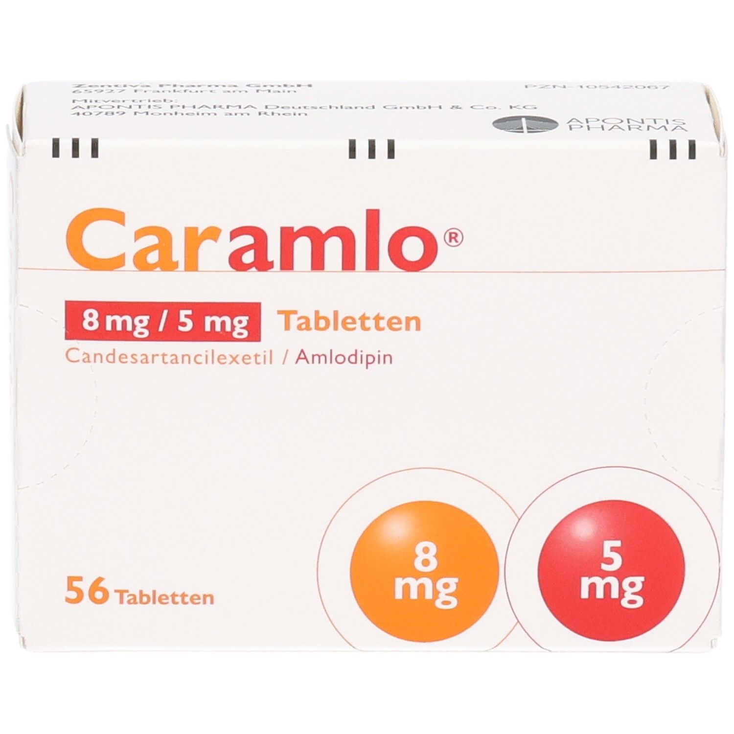 Packung CARAMLO 8 mg/5 mg Tabletten, 56 Tabletten. Enthält Candesartancilexetil/Amlodipin.