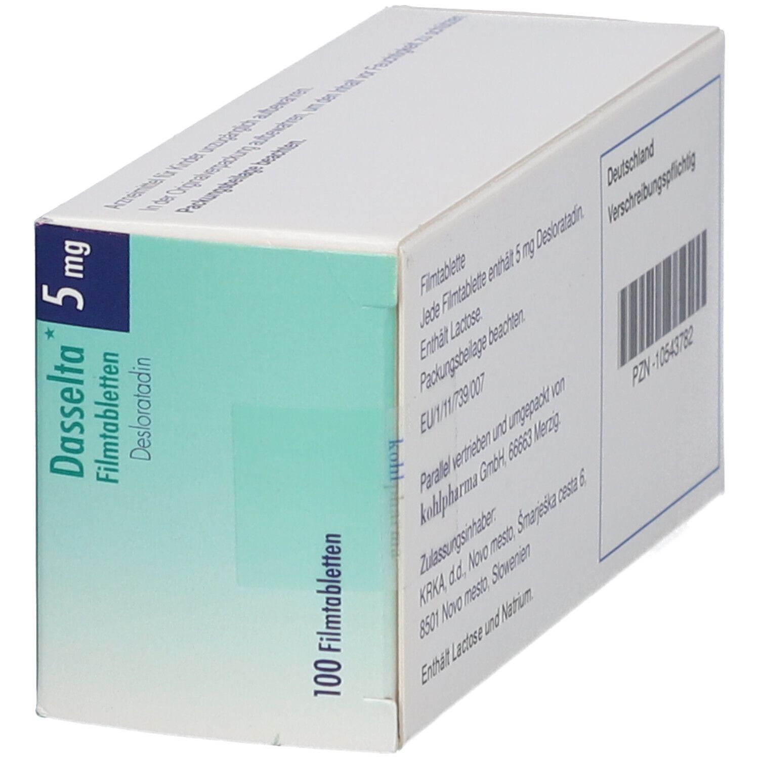 Schachtel mit Dasselta 5 mg Filmtabletten. Aufschrift: Desloratadin, 100 Filmtabletten. Grün-weiße Verpackung.