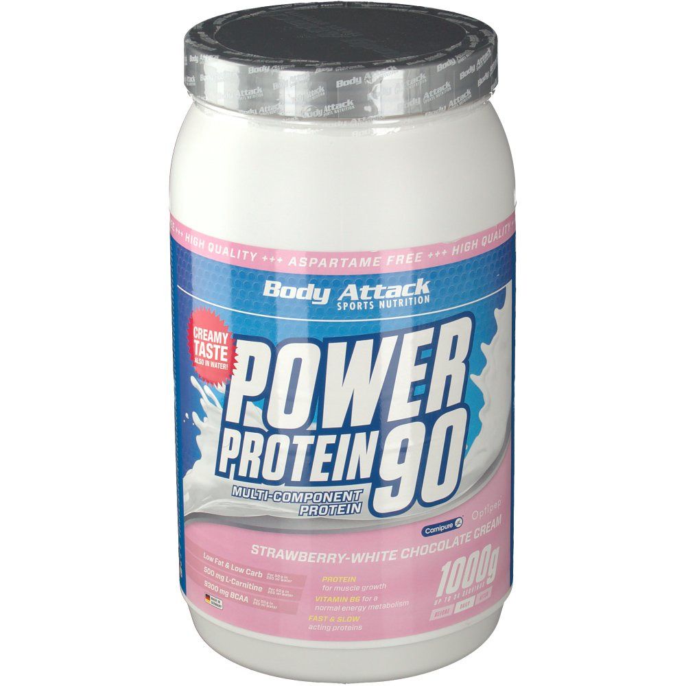 Weißer Behälter mit Body Attack Power Protein 90. Aufschrift: Erdbeer-weiße Schokoladencreme, 1000g. Deckel mit silberner Folie.
