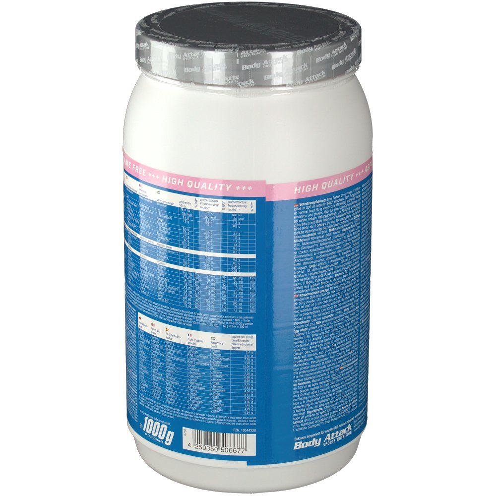 Weißer Behälter mit Body Attack Power Protein 90. Rückseite mit Nährwertangaben. Aufschrift: 1000g.