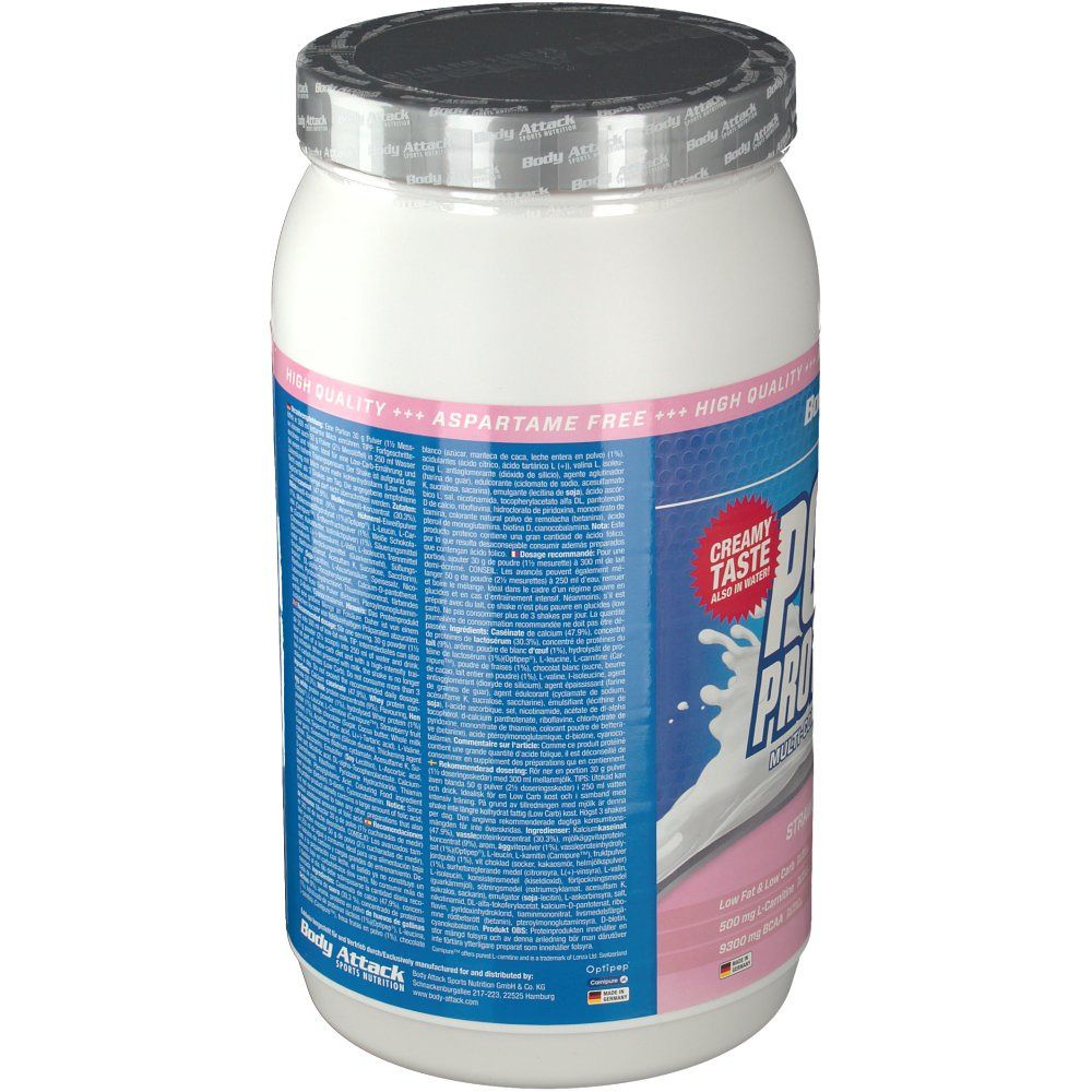 Weißer Behälter mit Body Attack Power Protein 90. Rückseite mit Text. Deckel mit silberner Folie.