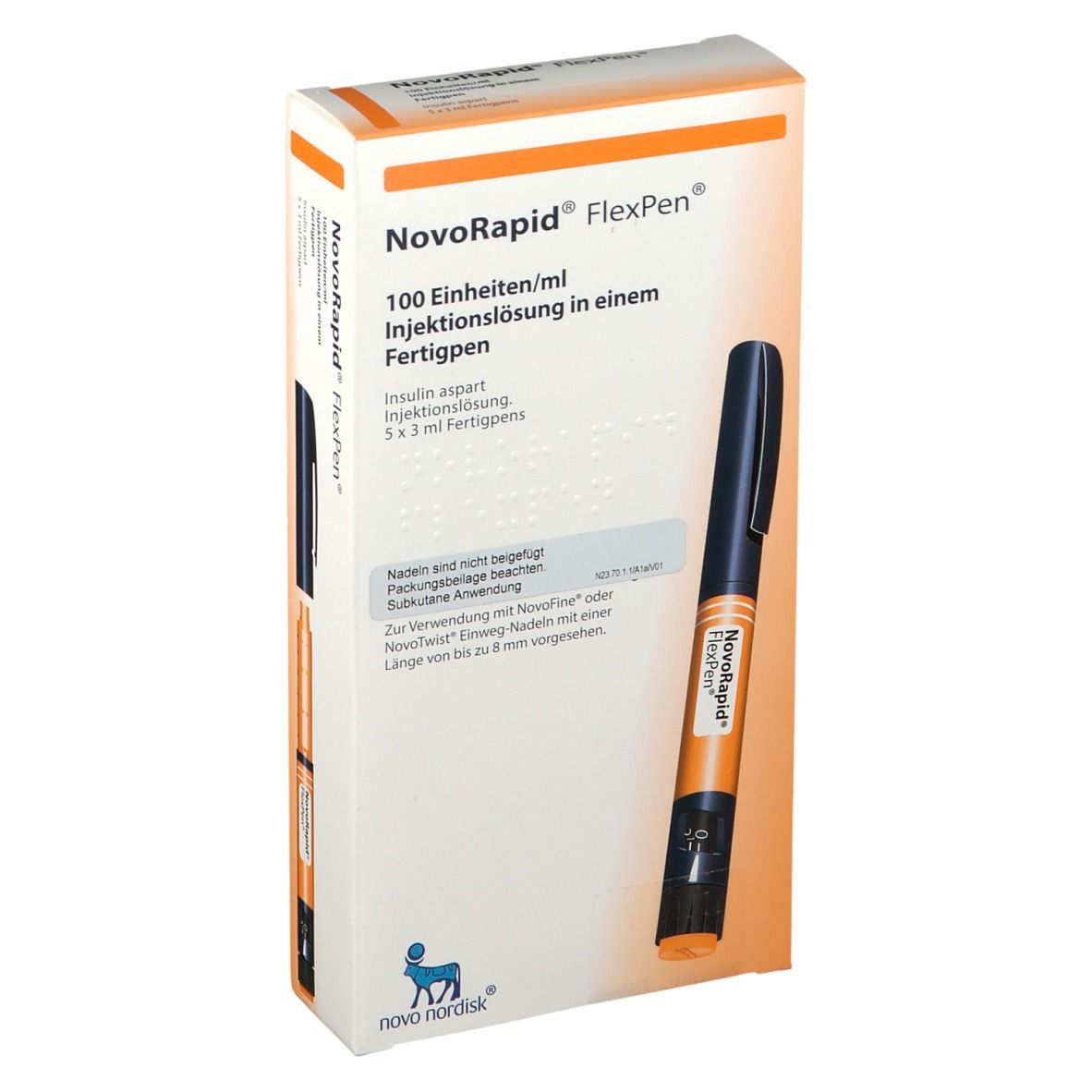 Verpackung von NovoRapid FlexPen. Enthält einen Injektionsstift. Text: 100 Einheiten/ml, Insulin aspart.