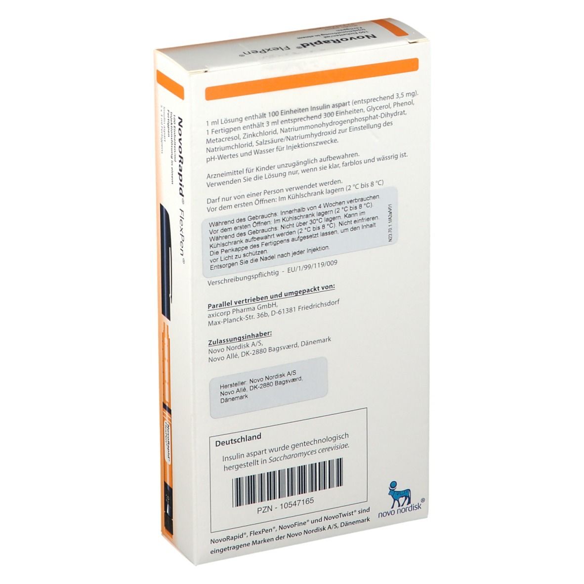 Rückseite der NovoRapid FlexPen-Verpackung. Text: Insulin aspart, Herstellerinformationen, Chargennummer.