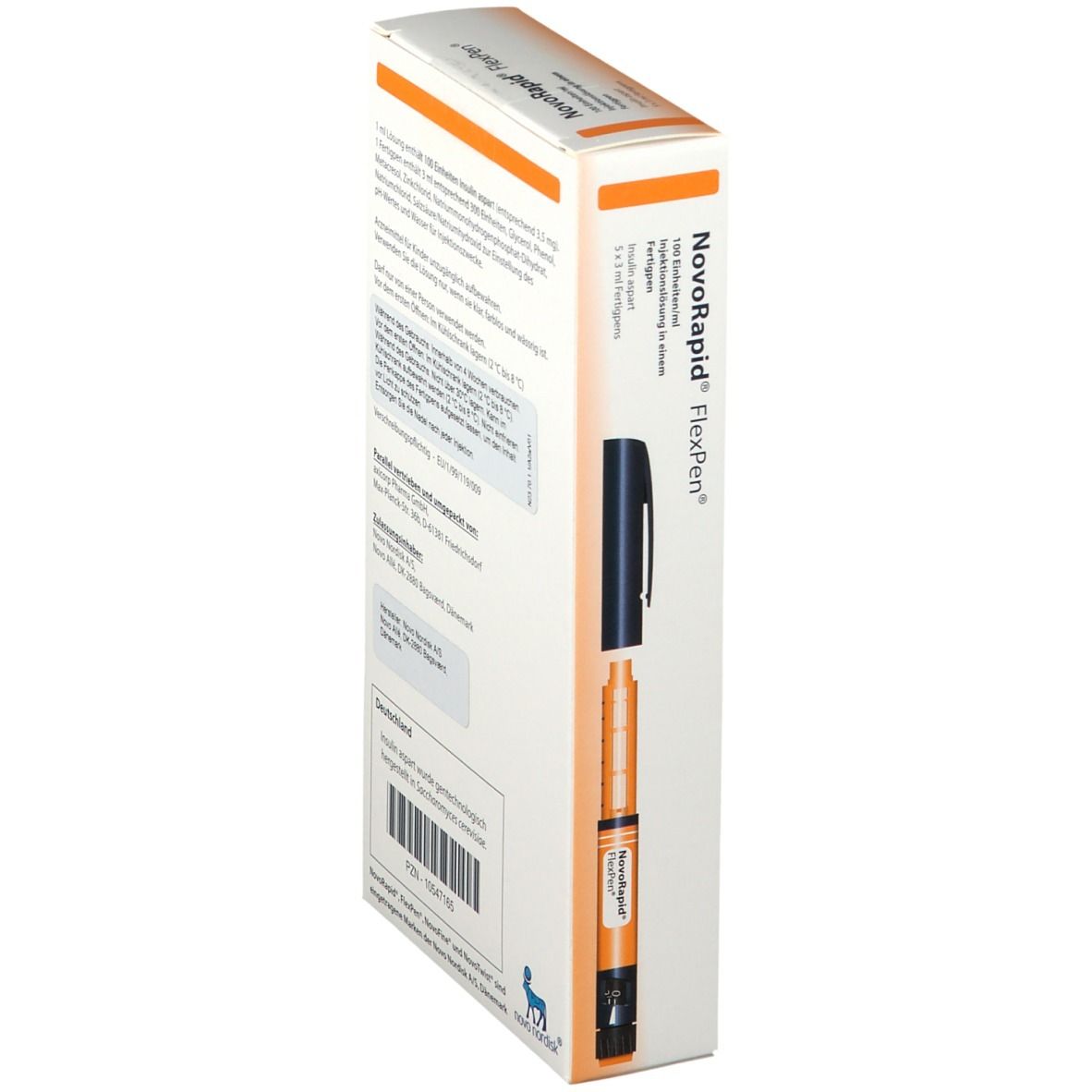 NovoRapid FlexPen-Verpackung. Der Injektionsstift ist teilweise sichtbar. Text: NovoRapid FlexPen, Insulin aspart.