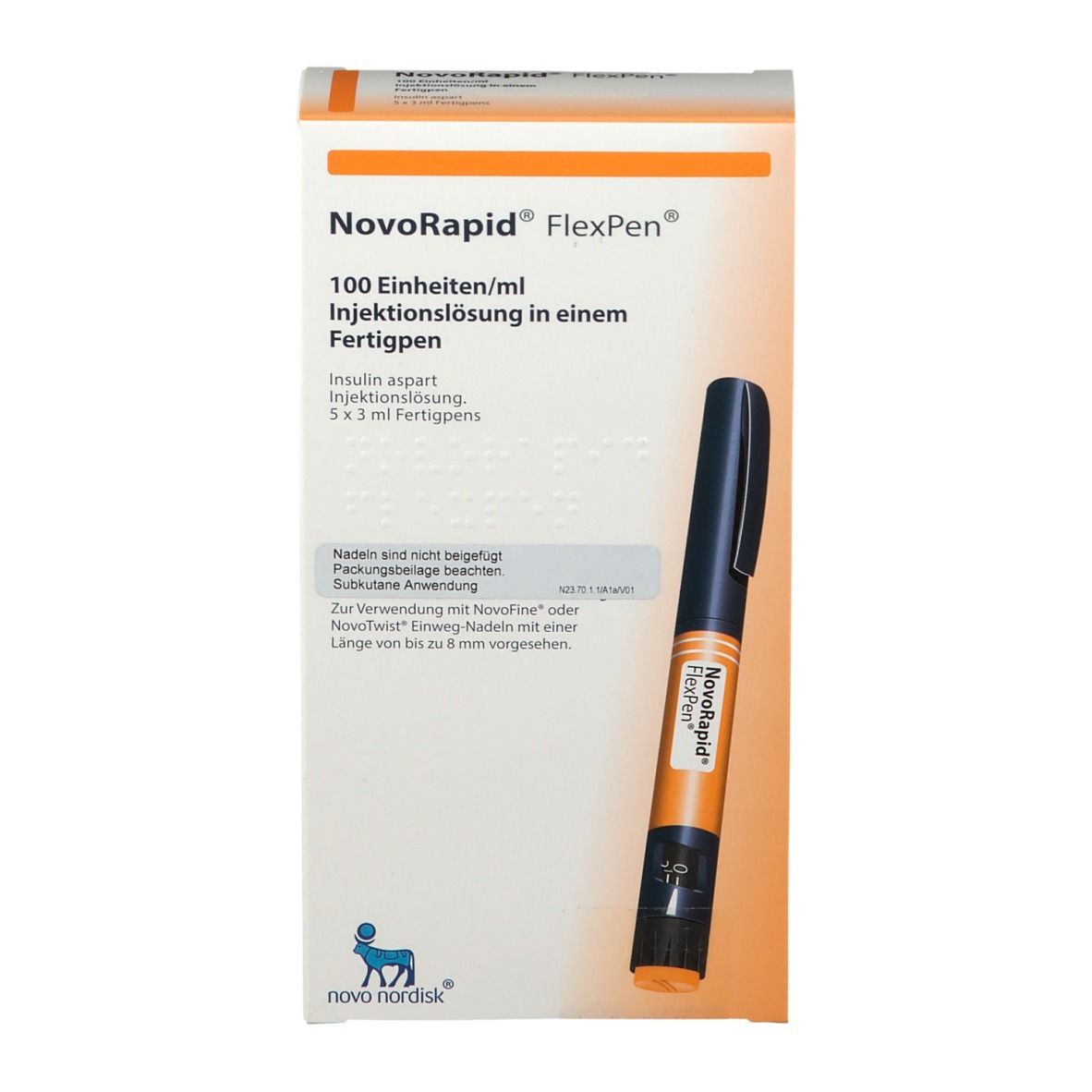 NovoRapid FlexPen-Verpackung. Enthält einen Injektionsstift. Text: 100 Einheiten/ml, Insulin aspart.