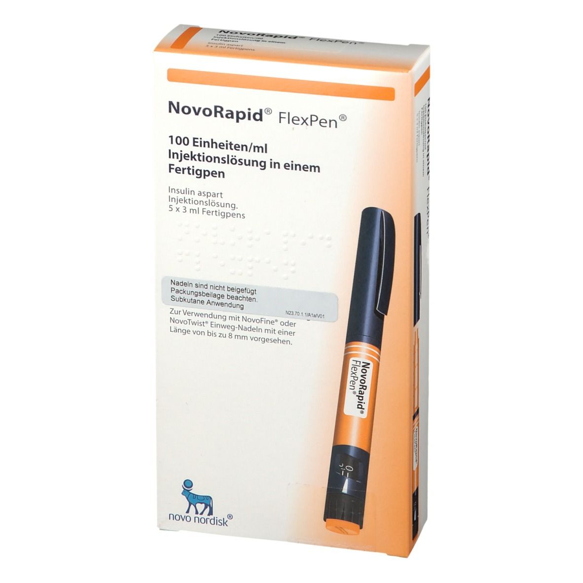 NovoRapid FlexPen-Verpackung. Enthält einen Injektionsstift. Text: 100 Einheiten/ml, Insulin aspart.