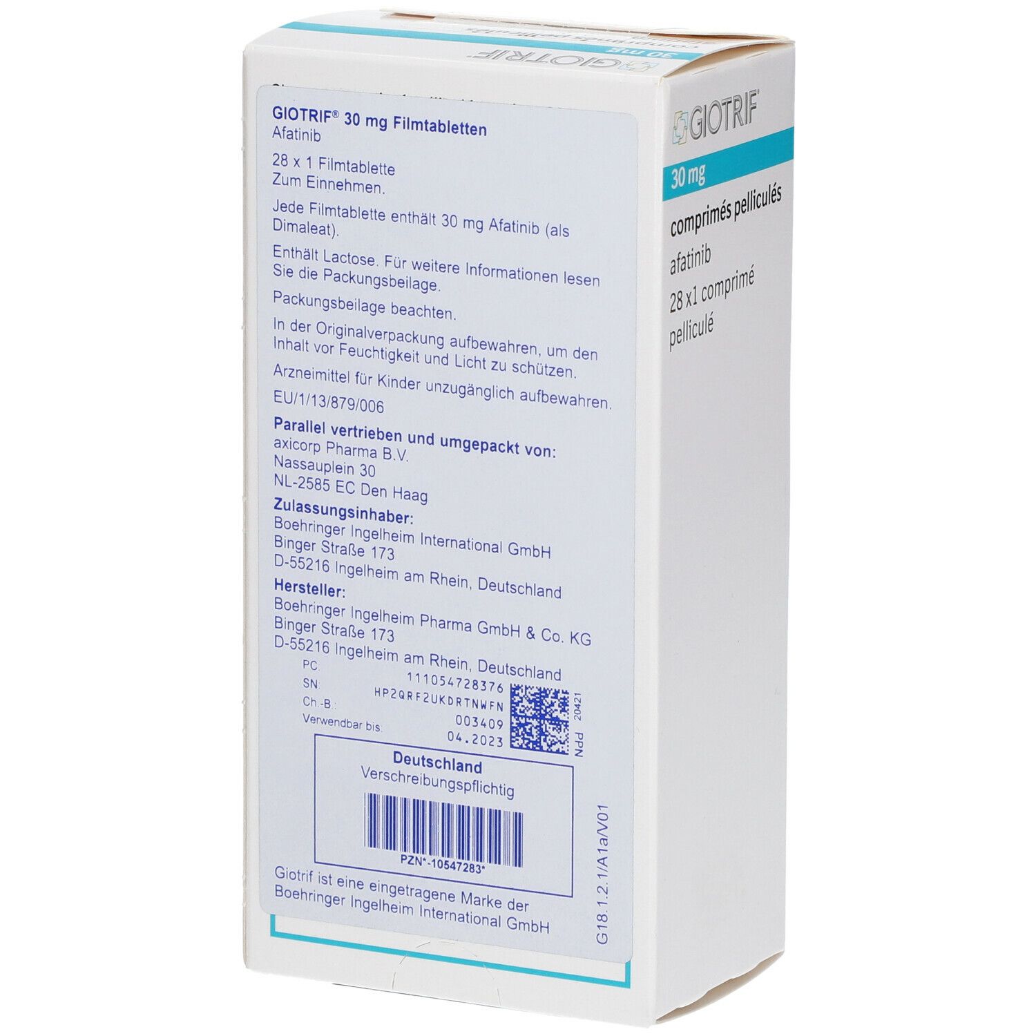 Rückseite der GIOTRIF 30 mg Tabletten-Schachtel. Text: 28 x 1 Filmtablette, afatinib, Boehringer Ingelheim. Barcode und weitere Informationen.