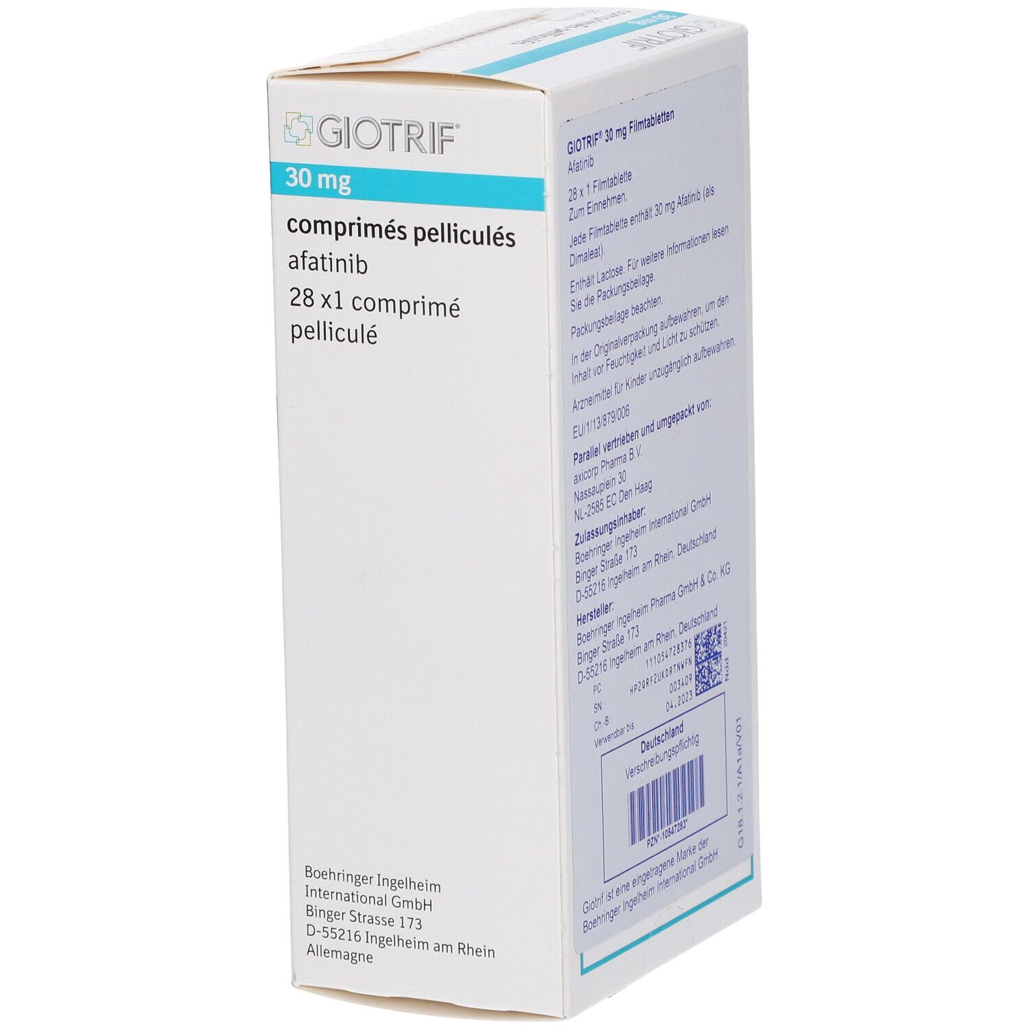 Schachtel mit GIOTRIF 30 mg Tabletten. Aufschrift: comprimés pelliculés, afatinib, 28 x 1 comprimé pelliculé. Logo von Boehringer Ingelheim.
