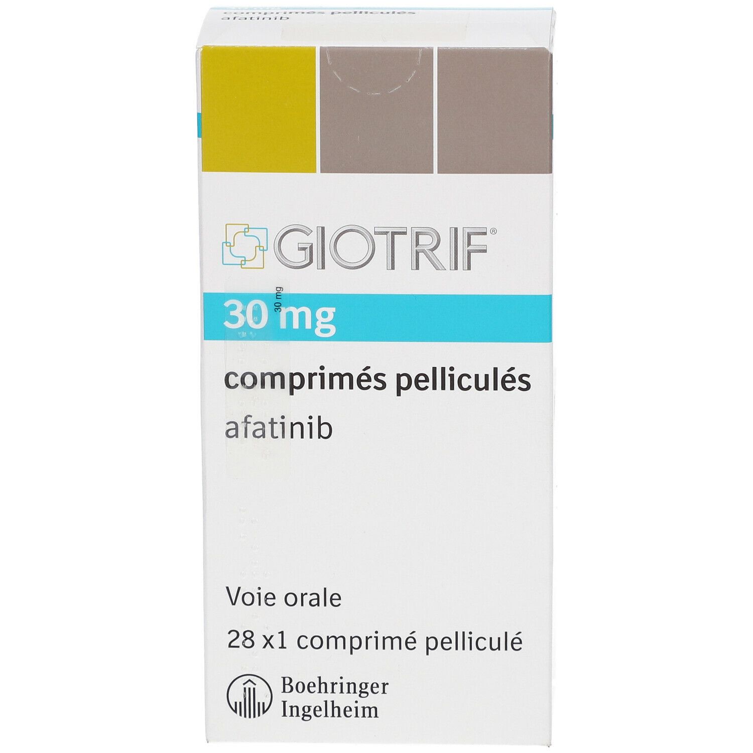 Schachtel mit GIOTRIF 30 mg Tabletten. Aufschrift: comprimés pelliculés, afatinib, 28 x 1 comprimé pelliculé. Boehringer Ingelheim Logo.