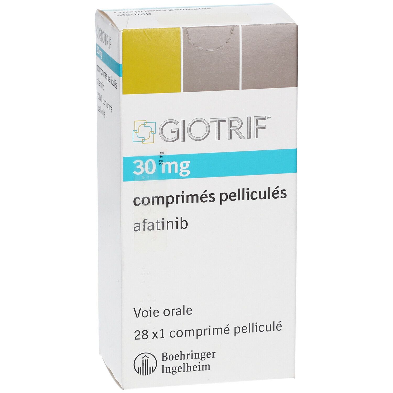 Schachtel mit GIOTRIF 30 mg Tabletten. Aufschrift: comprimés pelliculés, afatinib, 28 x 1 comprimé pelliculé. Boehringer Ingelheim Logo.