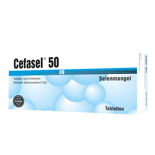 Weiße Schachtel mit "Cefasel 50 µg". Aufschrift "Selenmangel" und "Tabletten". Blauer Hintergrund mit Blasen.