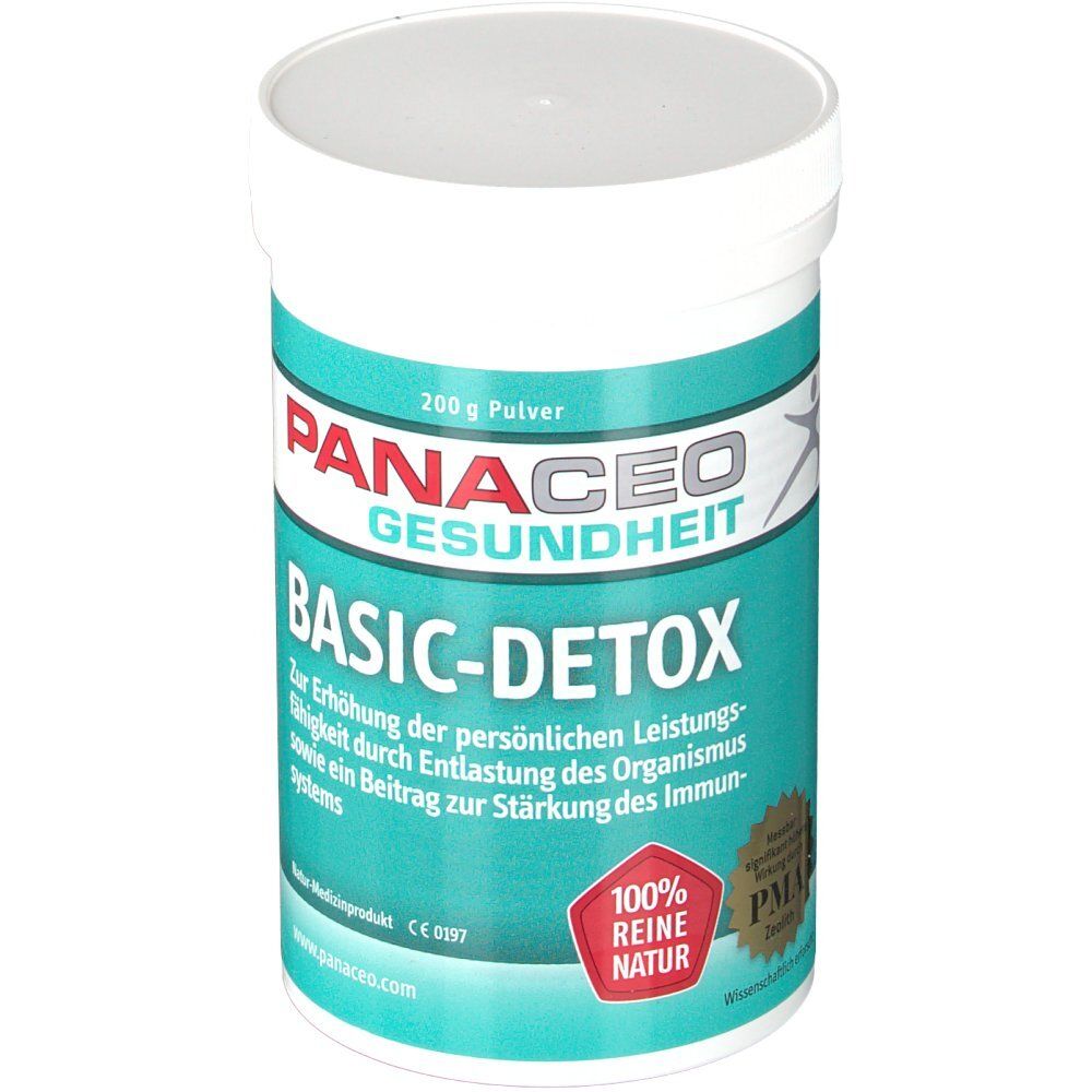Récipient blanc de poudre PANACEO Basic-Detox. Étiquette turquoise et blanche avec informations et logo du produit.