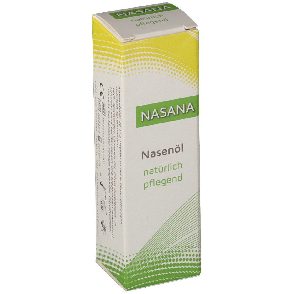 Nasana Nasenöl-Verpackung. Weiß-grüne Schachtel mit Produktnamen und Schriftzug 'natürlich pflegend'.