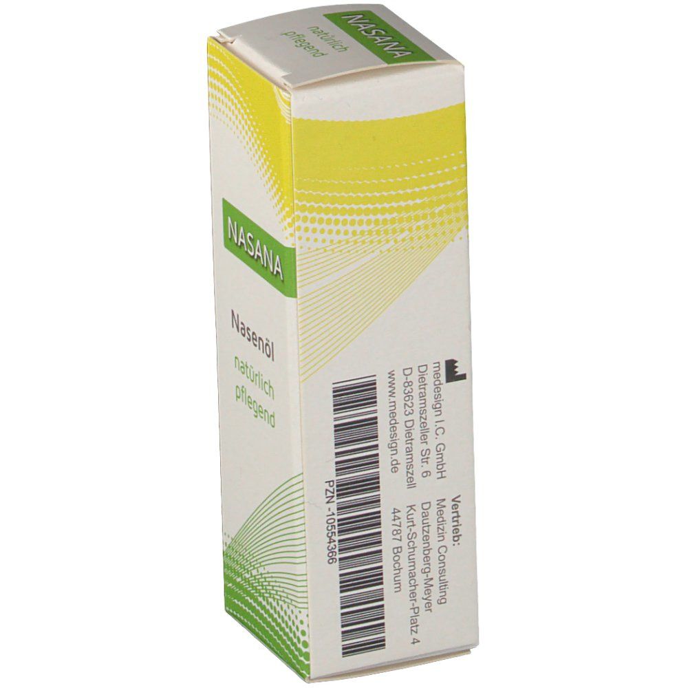 Nasana Nasenöl-Verpackung, Seitenansicht. Weiß-grüne Schachtel mit Produktinformationen und Barcode.