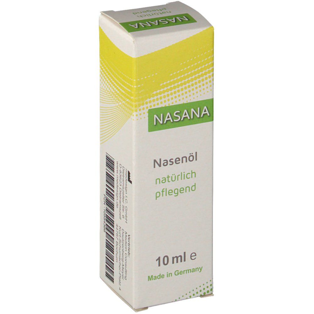Nasana Nasenöl-Verpackung. Weiß-grüne Schachtel mit Produktnamen, Text und '10 ml' Angabe.