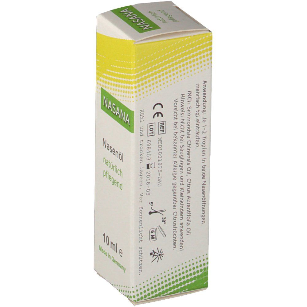 Nasana Nasenöl-Verpackung. Weiß-grüne Schachtel mit Produktnamen, Text, '10 ml' und weiteren Informationen.