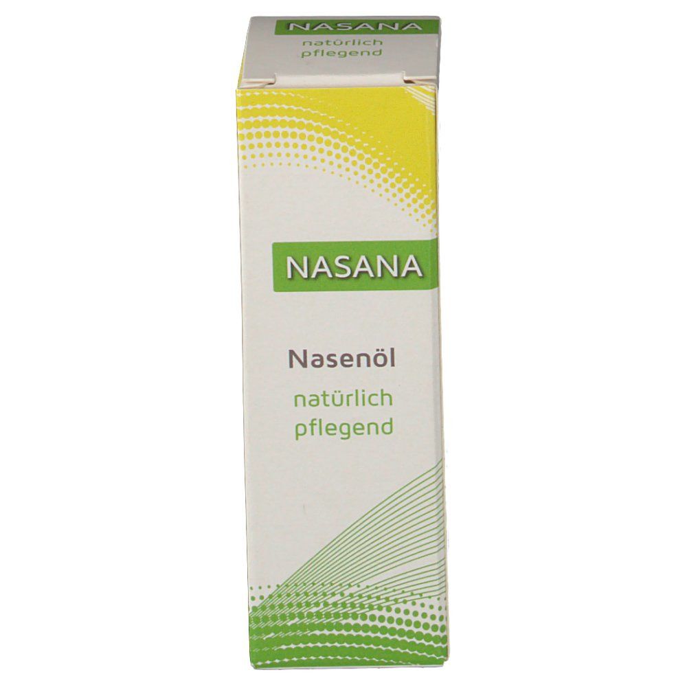 Nasana Nasenöl-Verpackung. Weiß-grüne Schachtel mit Produktnamen und Schriftzug 'natürlich pflegend'.
