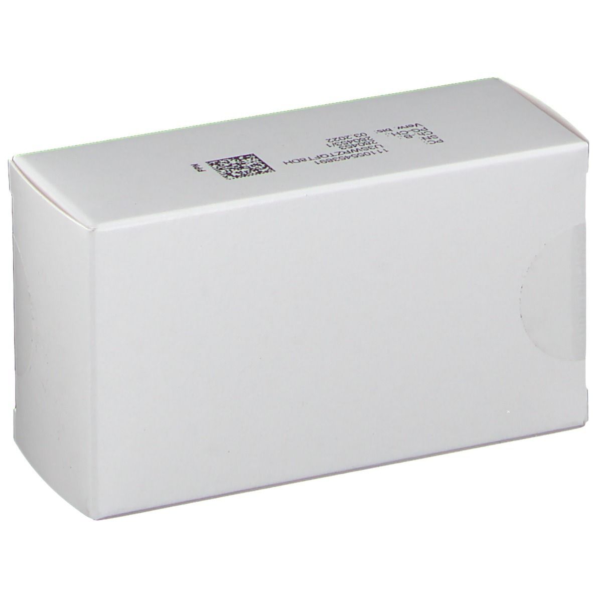 Weiße Schachtel, leicht schräg. Auf der Oberseite befinden sich Codes und ein QR-Code. Keine weiteren Beschriftungen sichtbar.