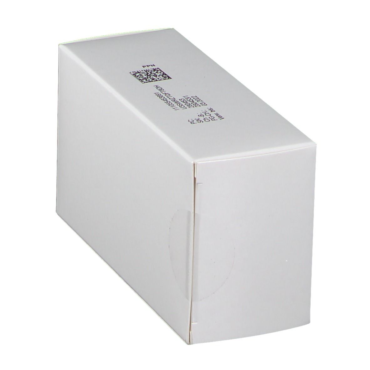 Weiße Schachtel, leicht schräg. Codes und QR-Code auf der Oberseite. Keine weiteren Beschriftungen sichtbar.