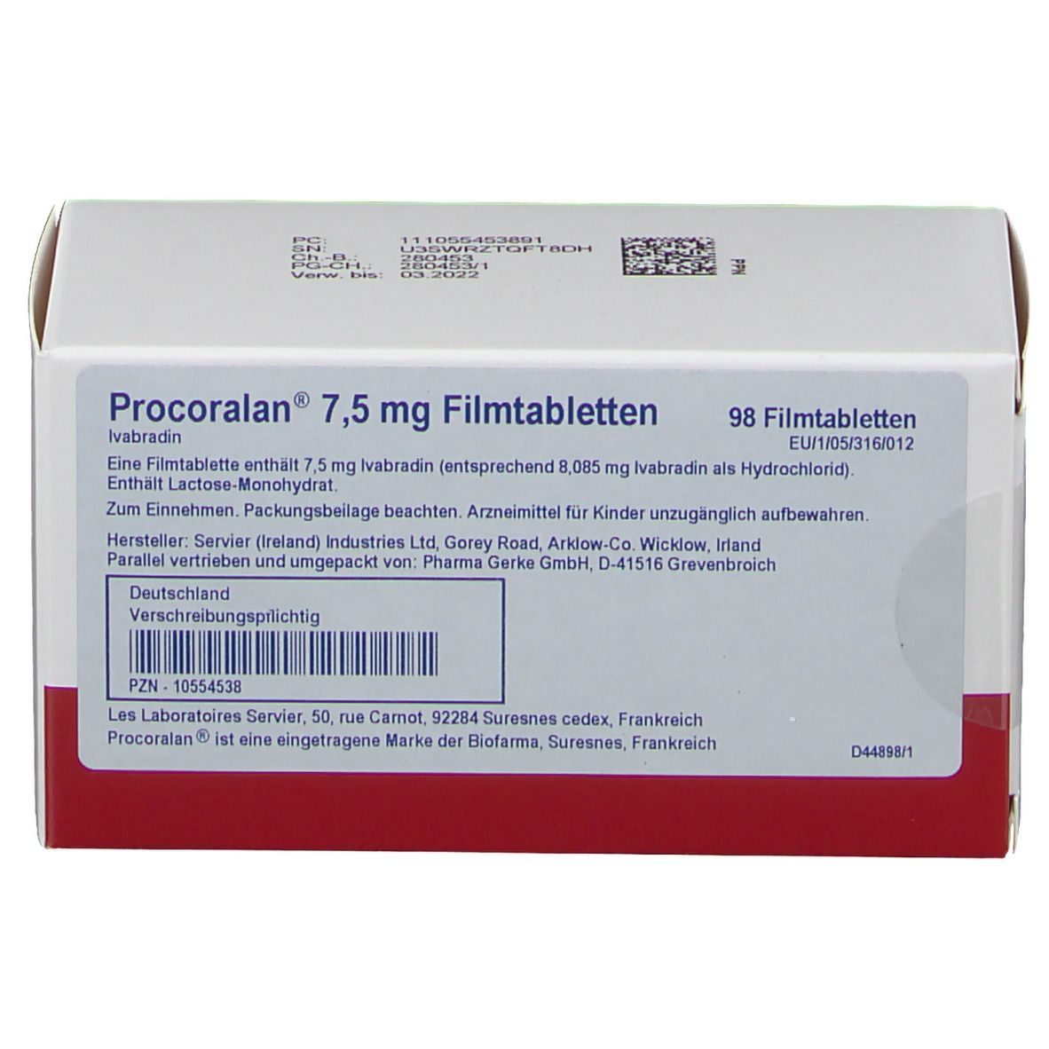 Weiße Schachtel mit rotem Streifen. Aufschrift: Procoralan 7,5 mg Filmtabletten, 98 Tabletten. Text in deutscher Sprache.