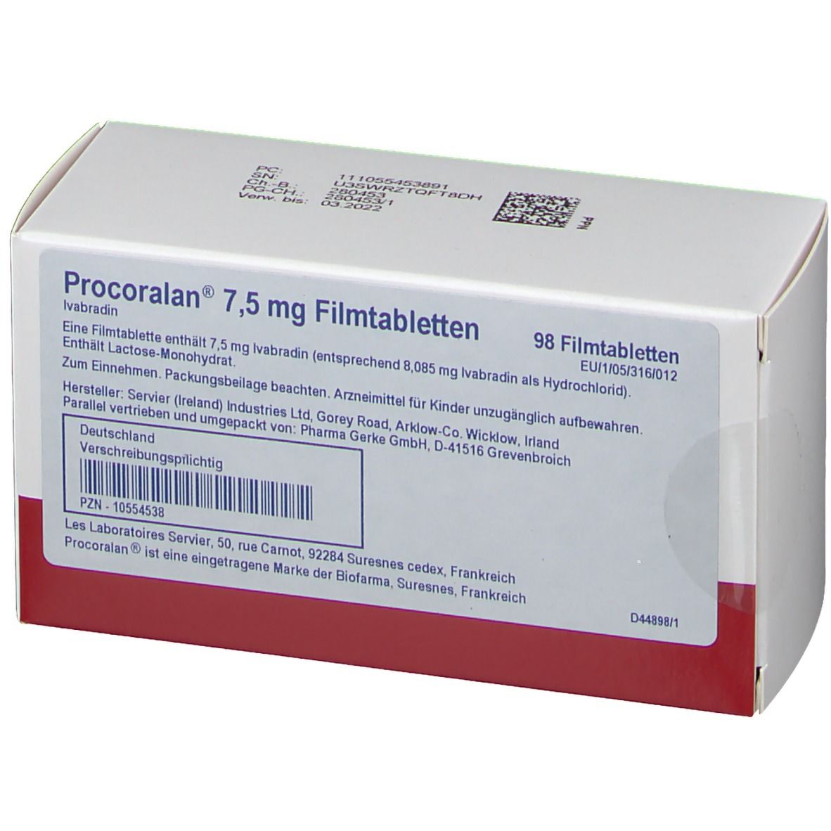 Weiße Schachtel mit rotem Streifen. Aufschrift: Procoralan 7,5 mg Filmtabletten, 98 Tabletten. Text in deutscher Sprache.